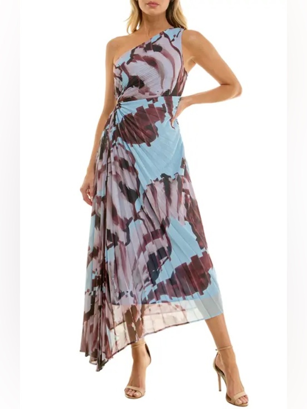 Socialite One-Shoulder Pleated Midi Dress in Light Blue and Brown Floral